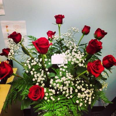 A dozen long stem roses I had delivered to my girlfriend's office for our anniversary.