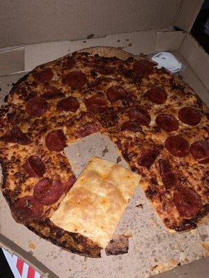 Asked for a thin crust pepperoni pizza...got a hard piece of cardboard with some roni's toasted on.