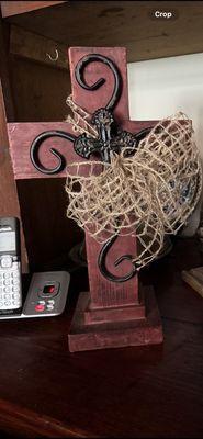 A beautiful wood cross with wrought iron cross overlay and a burlap bow. Sent to a friends funeral.