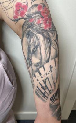 Black & Grey Realism Geisha w/ Cherry Blossoms