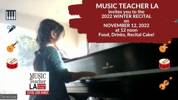 Music Teacher LA is hosting the 2022 Winter Recital. Public is welcome. Seats are limited. RSVP Today by texting us!