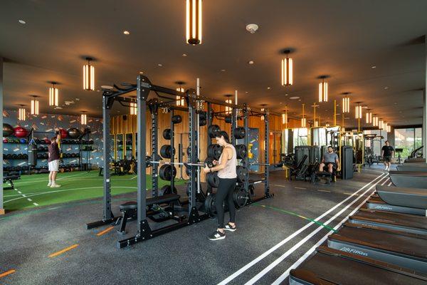 The Gym is equipped with a turf lined functional training zone, weight machines, and cardio equipment.