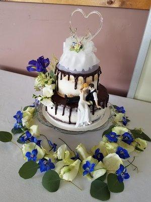 Specialty Boston cream semi naked wedding cake with a chocolate gauche drizzle