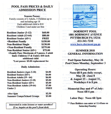 Dormont Pool, 2018 rates and hours