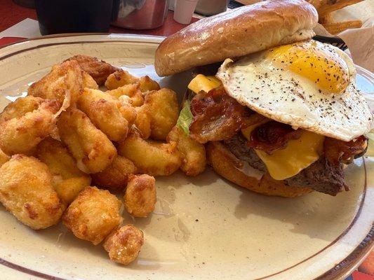 Wisconsin Egg Burger with bacon and Cheese Curds