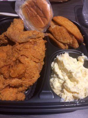 Fried chicken 2pc dinner. Southern Potato Salad and Potato Wedges