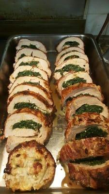 Pork loin stuffed with spinach, mozzarella, and roasted peppers.