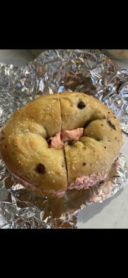 Chocolate chip bagel with strawberry cream cheese, insanely delicious!