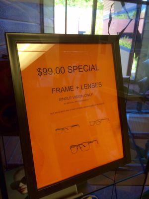 $99 frame and lens special, awesome deal!