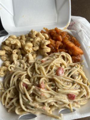 Mac and Cheese, Yams, and Chicken Spaghetti.