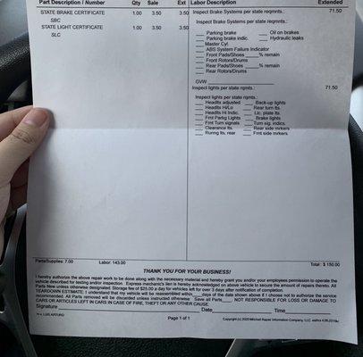 Receipt of the brake and light inspection prices as of Dec 14, 2020