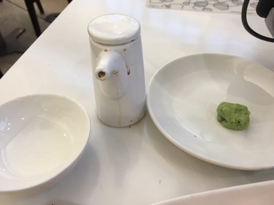 Untrained waiter brought a soy sauce container that looked like a dirty toilet bowl.  Heard of a dish cloth to wipe it up?  Unappetizing.