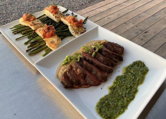 Grilled Bison Tenderloin, Chimichurri
 Pan-seared Halibut, Tomato Chutney