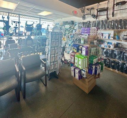 Compression Stockings, Physical Aids, Walker Boots, and Mobility Equipment. Seating available in-store.