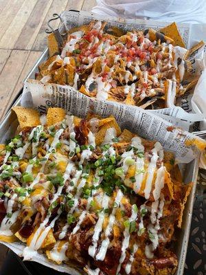 BBQ carnitas nachos and chipotle chicken nachos