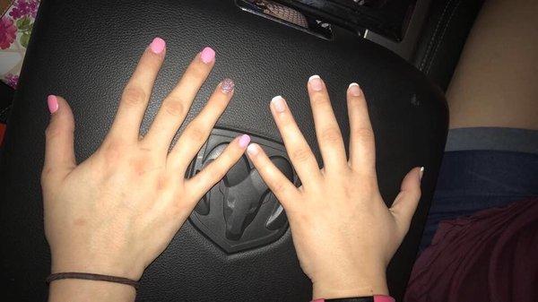 My friend and I both got our nails done.  The French tip is a shellac and then the other one acrylics.