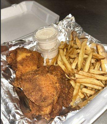 2 piece combo with fries with a side of our cajun ranch, a must try!