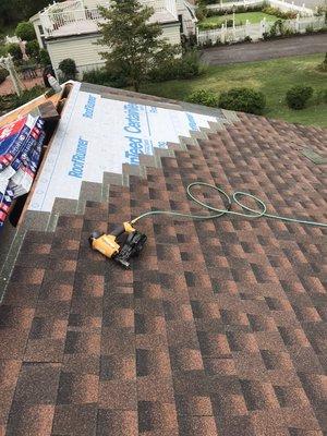 GAF shingle installation.