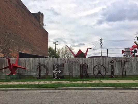 Detroit art made of metal outside the studio is pretty cool