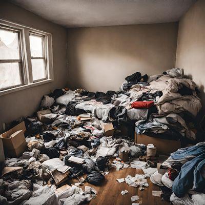 Bedroom with pretty severe clothing and trash hoarding