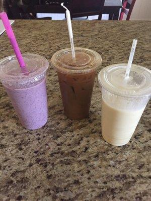 blueberry/mango/chia seeds/ almond milk smoothie ~ iced pumpkin spice coffee ~ banana/pineapple/energy/almond milk smoothie