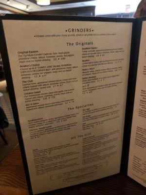 The selections for their grinder sandwiches and other specialties.