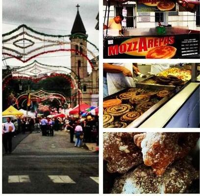 Mozzarepas, sausage sandwich with peppers/onions, and zeppoles