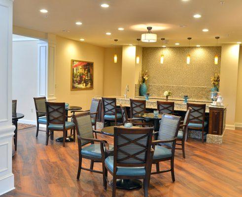 Residents are access to a central dining room and bistro, and served three nutritious meals a day.