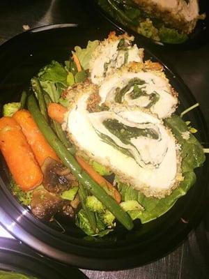 Panko baked stuffed chicken. Filled with low fat cheese and spinach served with veg