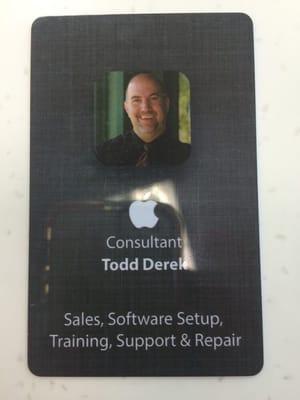 Here is Todd's really cool business card. It's a smart card and on the back is a QR code to download his contact information