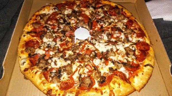 Large double pepperoni, Italian sausage, mushroom, and extra cheese pizza!!! Yum yum yum!!!