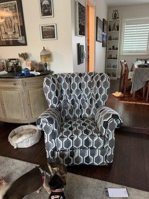 Chair after artistic upholstery redid it