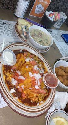 Wet burrito (chicken) with breaded mushrooms and loaded potato soup