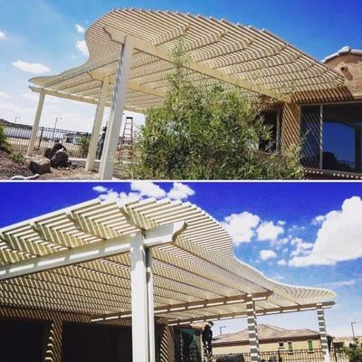 Custom Almond color attached lattice pergola installed over an outdoor kitchen Bbq bar in the city of Sun City Festival.