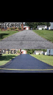 Before and after of a driveway we seal coated