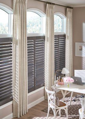 A combination of materials for your window coverings adds warmth & style.