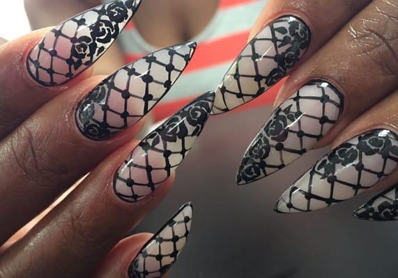 Gel pointed nails with hand painted nail art