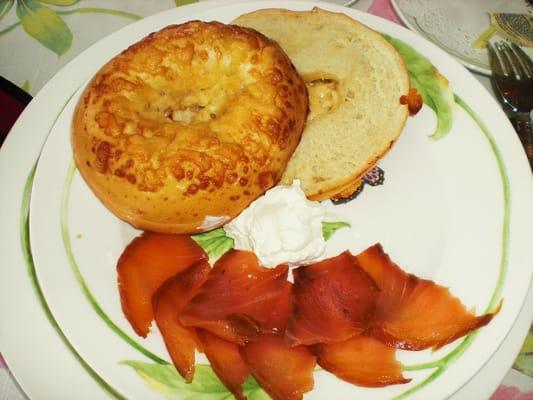 smoked salmon lox with cheesy bagel, and more cheese on the side.  soo yummy.