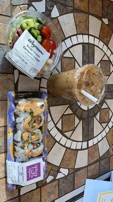 Spicy king salmon roll, iced caramel latte, Greek Santorini salad