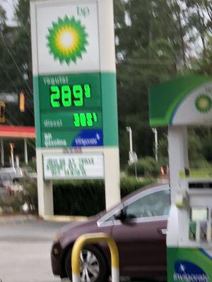 Georgia currently has a moratorium on gas tax and my credit card lets me use points to save 50 cents a gallon so $2.39.