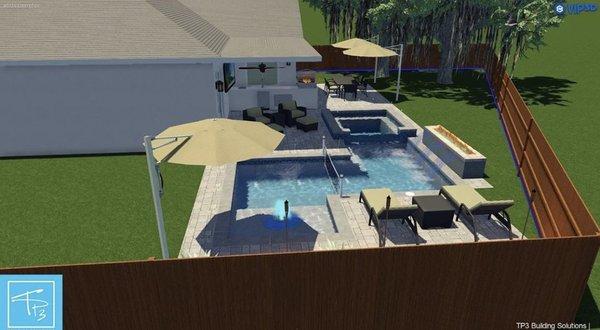 Renderings for outdoor patio, kitchen and pool