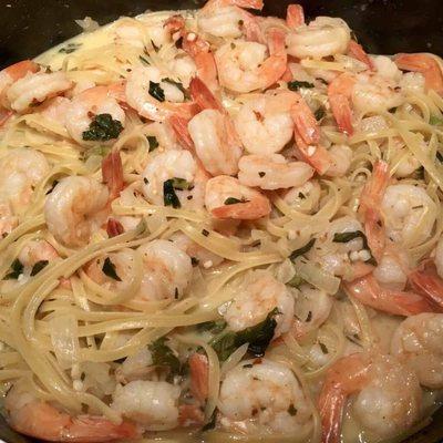 Linguine & Scampi in a beautiful white wine and goat cheese sauce