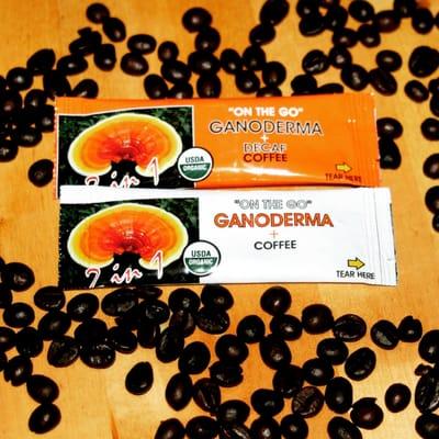 Regular and Decaffeinated USDA Organic Ganoderma and Black micro ground coffee. It is low acid, organic, vegan, and premium.