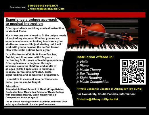 Christinesmusicstudio.com
  Violin and Piano lessons ages 2.5 - 99 Beginner through advance levels including solo professionals