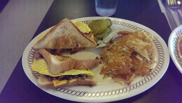 Texas cheese steak melt with a fried egg