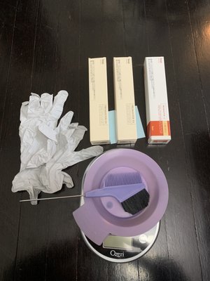 My dye kit Masako provided me to do during quarantine.  Not pictured is the peroxide bottle and hair cover.  The scale is mine.