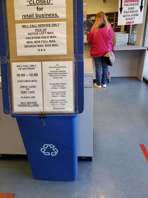 Front lobby of post office & signage as to what services they offer on Saturdays & other locations that are fully functional on Saturdays.