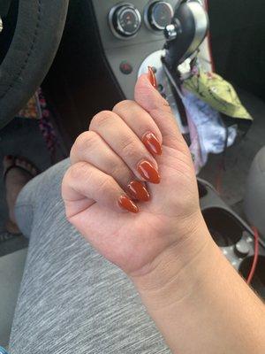 Almond shape nails all solid color  I think the number was 250 but don't remember the name!