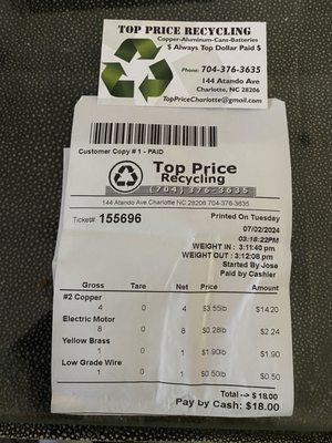 Receipt for my scrap metal.