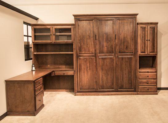 Custom murphy wallbed with desk & return, hutch and side pier. Made in real wood. Lifetime Guarantee.